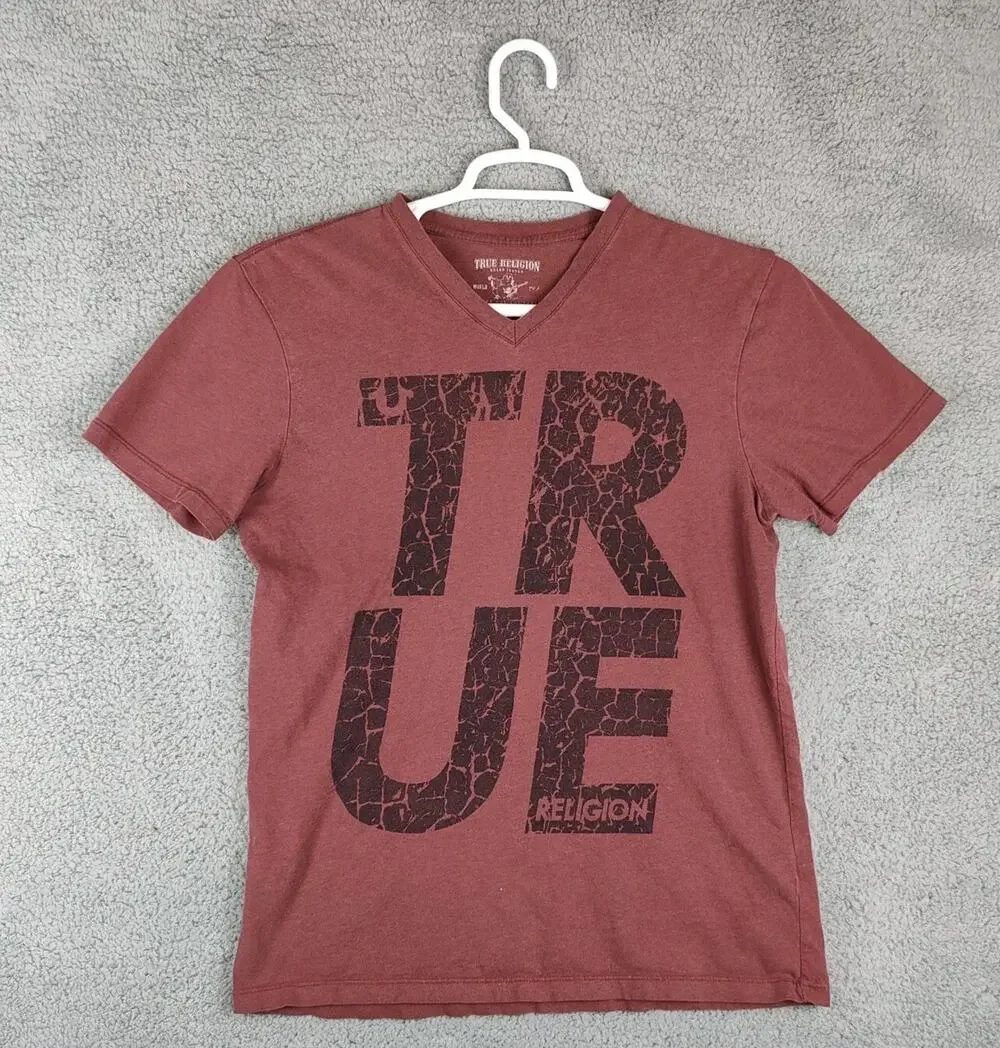 True Religion Shirt Red Men's Medium Short Sleeve Crew Neck Burgundy Graphic
